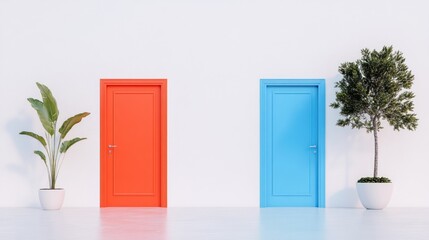 A clean white wall with two distinct doors, symbolizing contrasting opportunities.