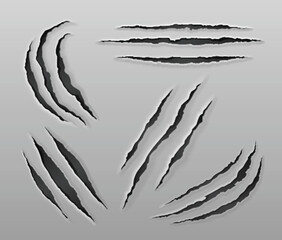 Animal claw scratch mark. Paper slash rip made by tiger, lion or bear. Realistic 3d vector illustration set of panther or wolf paw tear and brake grey surface. Scary monster scrape trail texture.