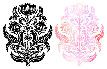 Set of vector decorative folk art watercolor illustration and black silhouette isolated from background. Collection floral filigree clip arts with cornflowers for stickers, postcards