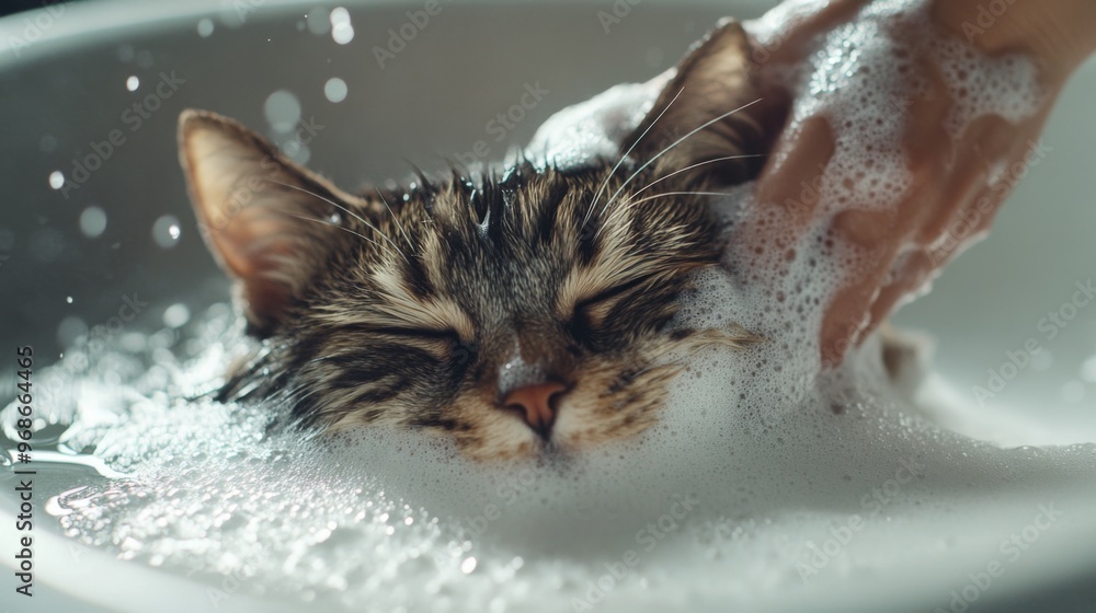 Poster close-up of a cat being bathed in a bathtub, with foam and water droplets on its fur, and a hand gen