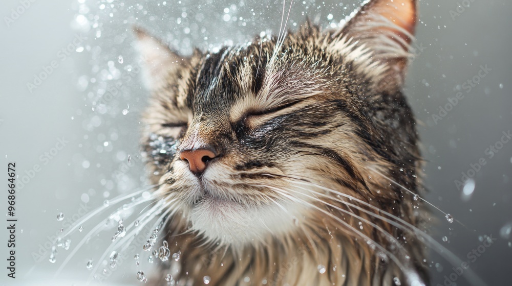 Poster close-up of a cat enjoying a bath, with water droplets on its fur and a content expression, showing 