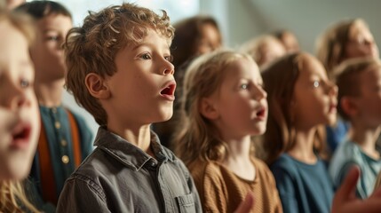Obraz premium A group of children are in a church, with some of them singing