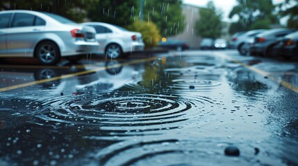 A rainy day in a parking lot, with cars parked and raindrops creating ripples in puddles on the pavement