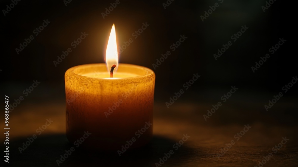 Poster close-up of a candle flame flickering softly in the dark, casting a warm, golden glow and creating a