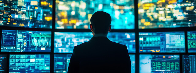 Male professional analyzing data on multiple screens with a futuristic, high-tech interface in a control room.