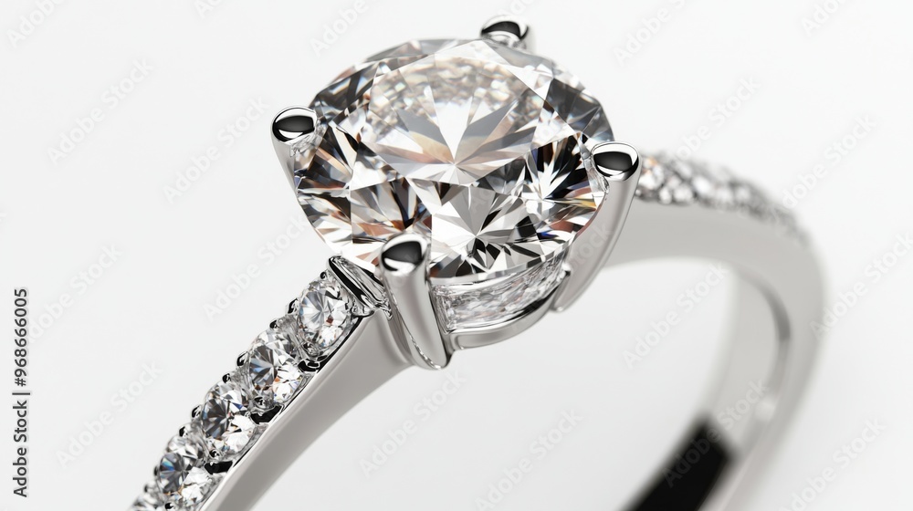 Poster close-up of a diamond engagement ring on a white background, capturing the fine details of the setti