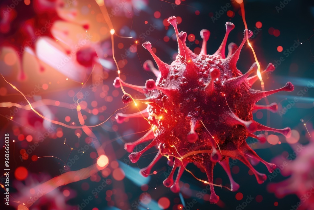 Poster close-up view of a virus highlighting its structure and intricate details, showcasing vibrant colors