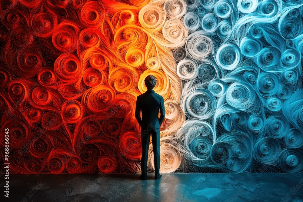 Poster intriguing paper cut quilling person in front of swirling question mark wall - conceptual image of c