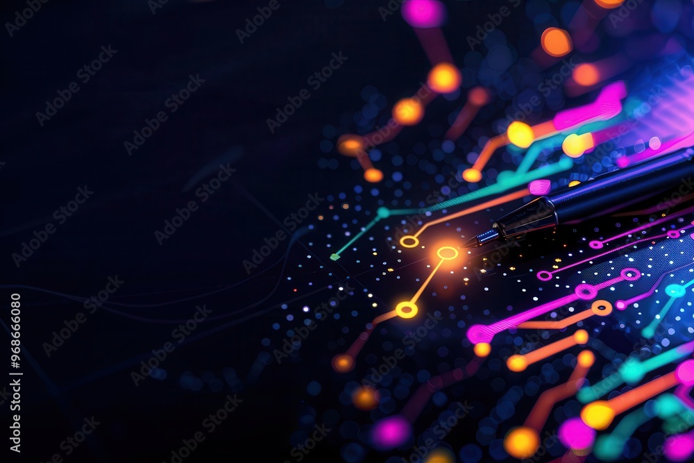 Poster colorful abstract technology background with vibrant lines and dots representing digital connections