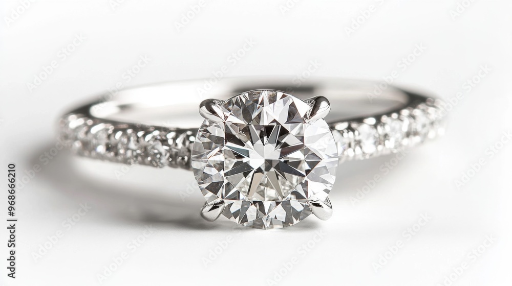 Poster Close-up of a diamond engagement ring on a white background, capturing the fine details of the setting and the sparkling gem