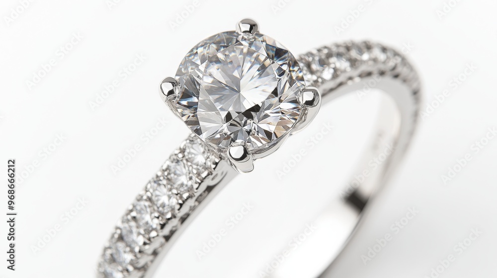 Poster Close-up of a diamond engagement ring on a white background, capturing the fine details of the setting and the sparkling gem