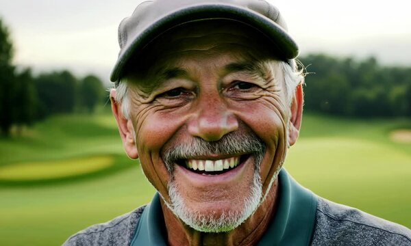 A man wearing a white hat is looking at a golf course. The hat is tilted to the side, and the man's face is partially obscured by the hat. Concept of relaxation and leisure