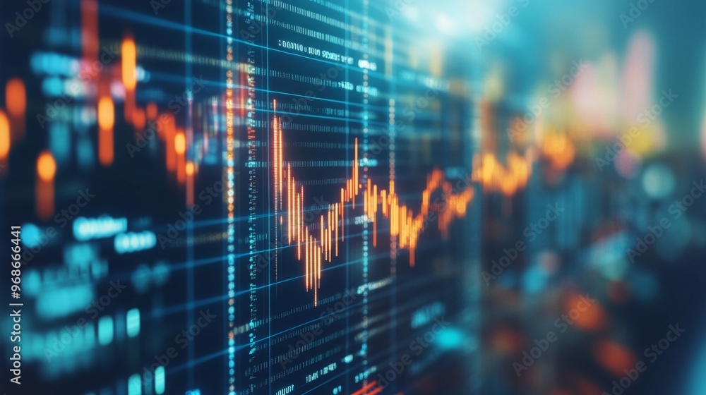 Poster Close-up of a financial graph on a computer screen, showcasing upward and downward trends with detailed line and bar charts.
