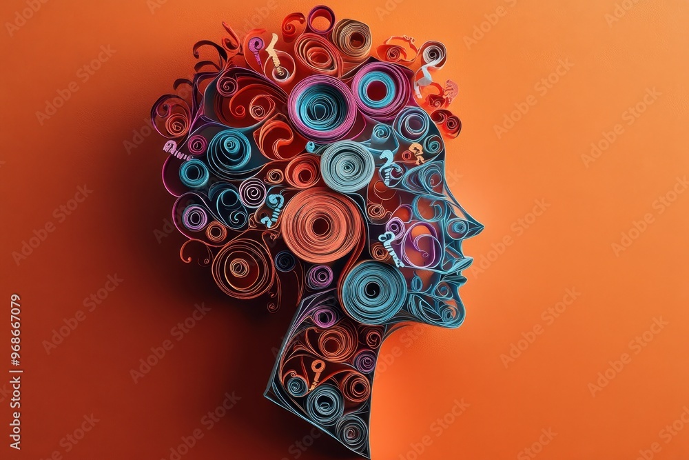 Poster intricate paper quilling person with question marks and swirls symbolizing confusion and mental fati