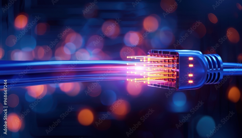 Poster a close-up of a glowing network cable representing advanced technology and digital connection in a f