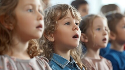 Obraz premium A group of children are sitting in a church choir, with one girl singing