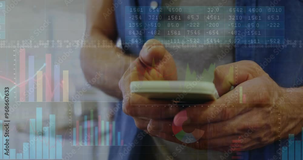 Poster animation of financial data processing over caucasian man using smartphone