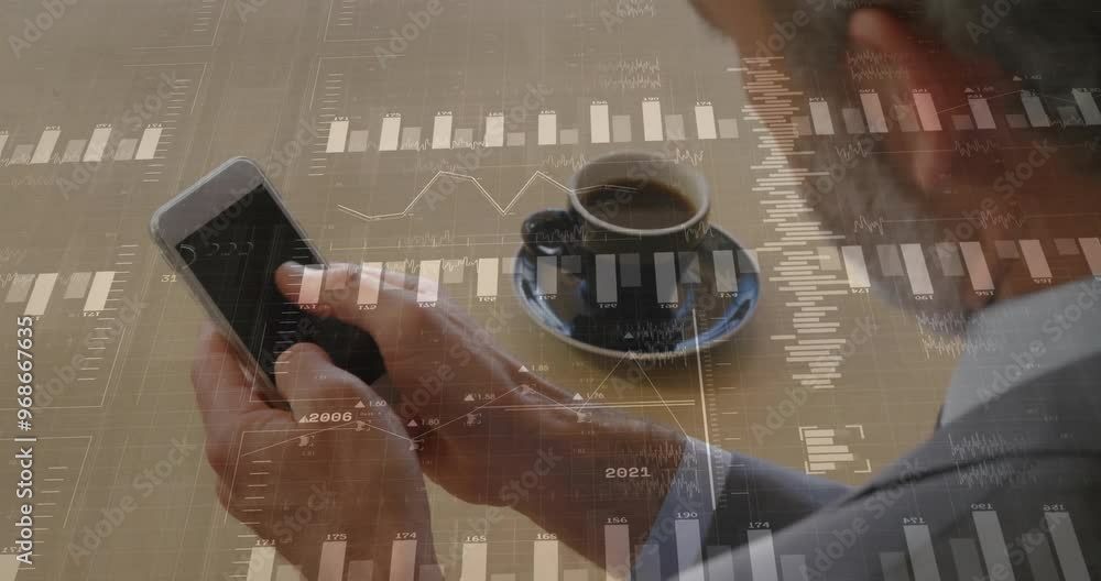 Poster animation of financial data processing over caucasian businessman using smartphone