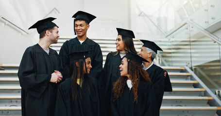Graduation, friends or excited at university for achievement, life goals and chat for support. Students, event or talking by campus stairs for future plans, academic success and motivation for growth