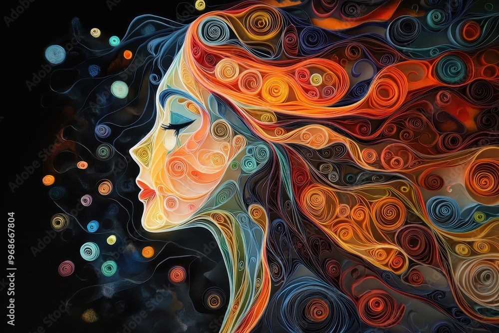 Poster fragmented thoughts - quilling paper filigree head with floating swirling lines representing scatter
