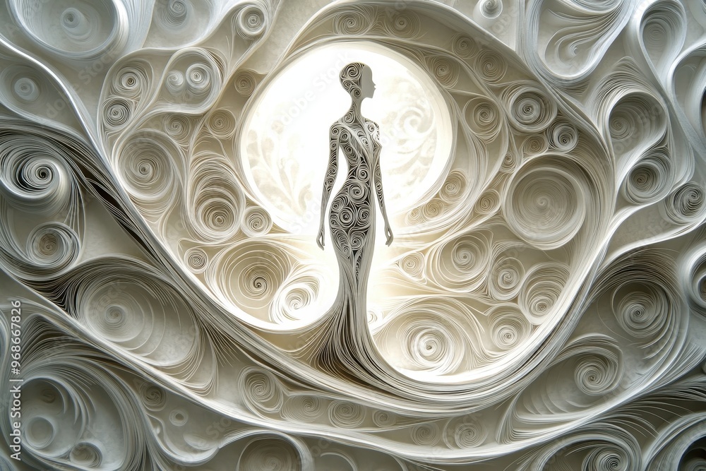 Poster confusion in decision-making: quilling figure in paper cut style amid swirling paths and intricate p