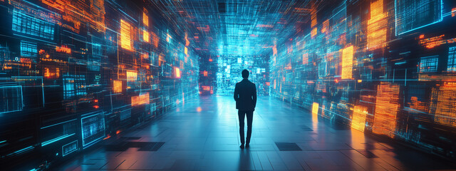 A man stands in a futuristic hallway filled with illuminated digital screens, glowing in blue and orange hues, representing a high-tech data environment.