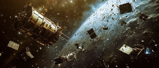 A cluster of defunct satellites in space amid a field of debris floating against the vast expanse of the galaxy