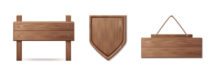 3d wood sign board with rope. Wooden frame banner for saloon. Vintage rustic nail billboard to hang set. Antique plaque label. Realistic nameplate or road direction illustration. Blank timber signpost