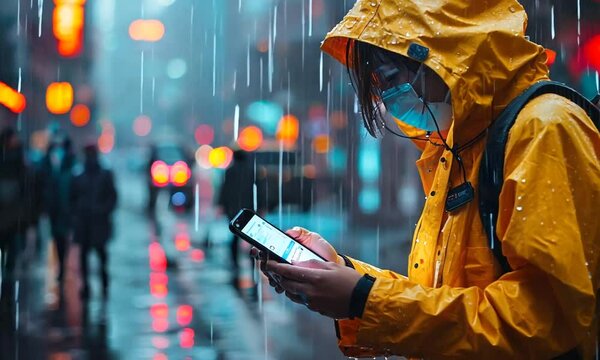 Person using their phone in the city during a rainy day