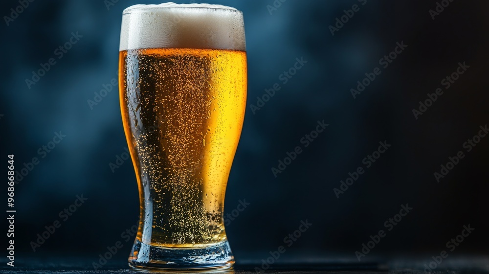 Poster close-up of a frothy glass of beer with condensation on the outside, showcasing the golden liquid an