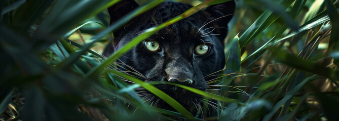 A panther with eyes peeking out from the jungle, hidden in shadows and grasses, ready to pounce.
