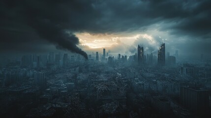 Global catastrophic risk scenario with apocalyptic landscape, dark clouds, and a devastated cityscape in ruins emphasizing human vulnerability and urgency