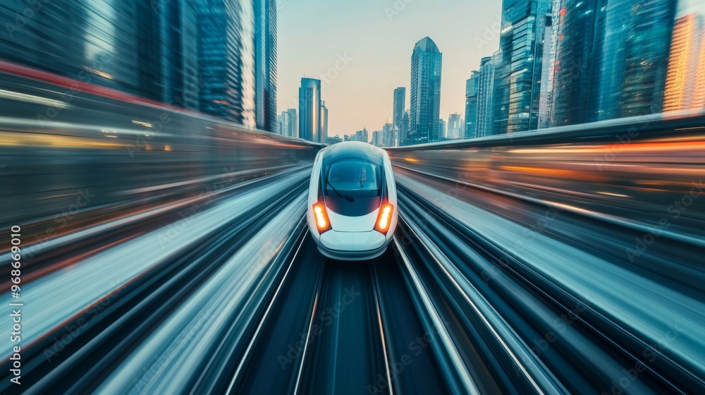 Poster close-up of a high-speed train in a motion blur, illustrating the incredible speed and efficiency of