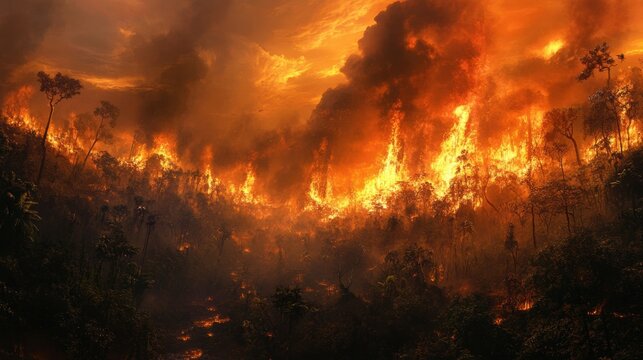 Global extinction event visualizing environmental collapse with burning forests, toxic skies, and collapsing ecosystems reflecting end-of-world themes