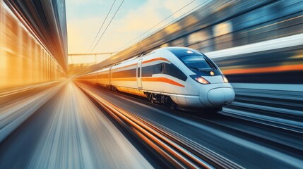 Fototapeta premium Close-up of a high-speed train in motion, with a sleek, aerodynamic design and blurred background, emphasizing its speed and modern engineering.