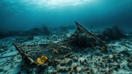 Overfishing effects on ocean habitats barren seafloor with abandoned fishing gear remnants of marine species in distress dramatic visuals