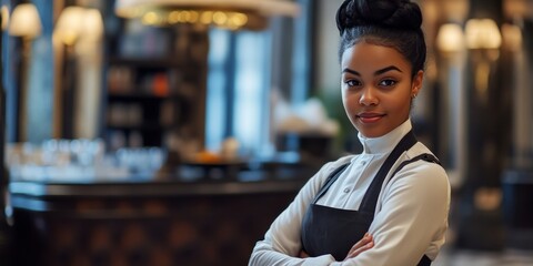 A confident young woman in a stylish uniform stands in a classy restaurant. She represents professionalism and service. The setting is elegant and inviting. A perfect image for hospitality. AI