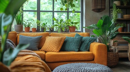 Cozy Living Room with Lush Greenery