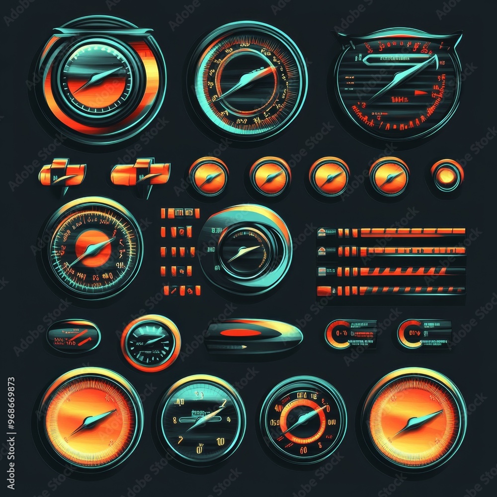 Poster futuristic car dashboard with analog gauges speedometer and digital displays