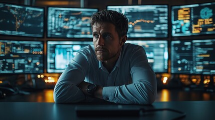 Fototapeta premium Focused Analyst Monitoring Data on Multiple Screens in a Dark, High-Tech Control Room, Immersed in Digital Analytics and Cybersecurity Operations, Surrounded by Real-Time Information Feeds
