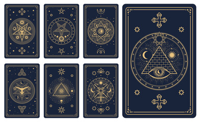Magic tarot cards with mystic signs and esoteric occult symbols, vector deck backgrounds. Tarot cards reverse with golden frames and magic signs of sun, moon and stars with Satan skull and pentacle