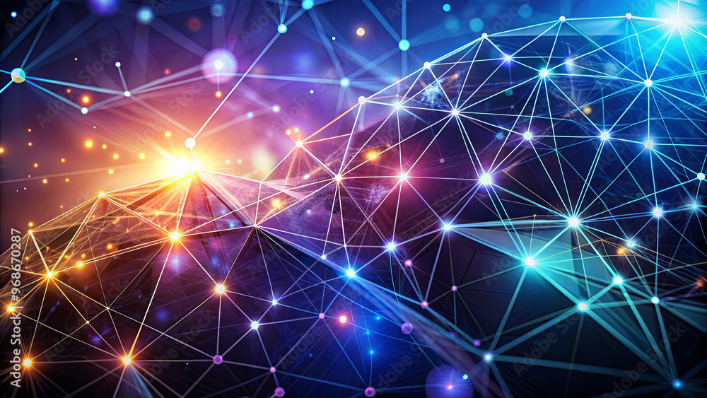 Poster colorful connections form a dynamic network of nodes, representing data flow and technology in a vib