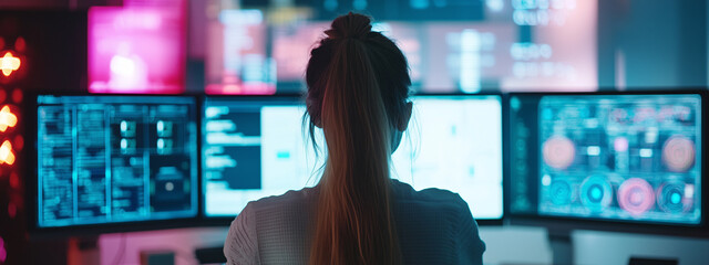 Young caucasian woman with ponytail analyzing data on multiple computer screens in a high-tech control room, with colorful screens displaying information and graphics.