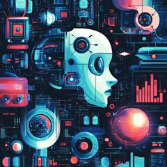 Obraz premium Futuristic Cyborg Head Digital Interface Technology Background