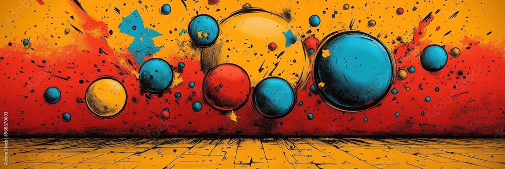 Poster vibrant comic book style clouds pattern with colorful bursts and dynamic pop art elements creating a