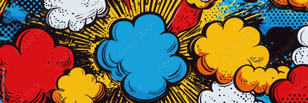 Poster vibrant comic book style clouds pattern with colorful bursts and dynamic pop art elements creating a