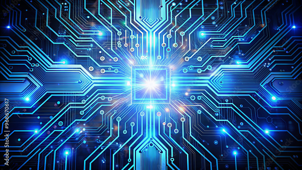 Poster an intricate network of blue circuit pathways radiates light from a central core, representing the c
