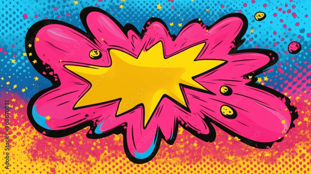 Poster vibrant comic book style clouds pattern with colorful bursts and dynamic pop art elements creating a