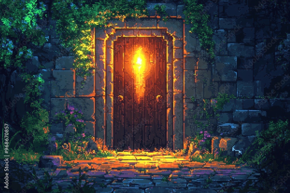 Poster enchanting pixel dungeon door in retro 16-bit rpg adventure scene with mysterious glow of runes - vi