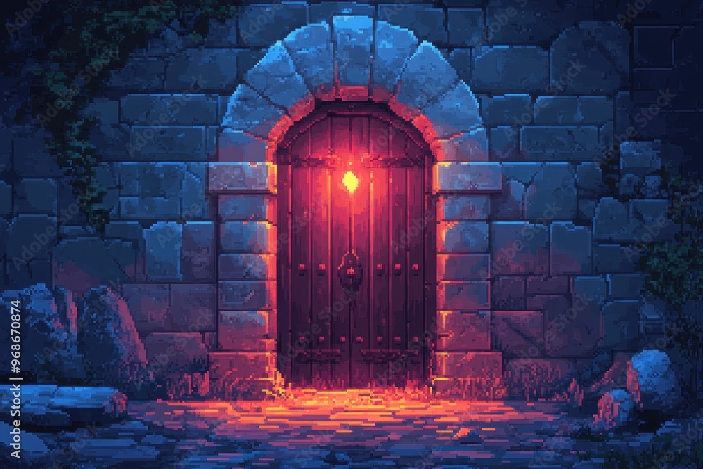 Poster mystical pixel dungeon door: a retro 16-bit rpg adventure scene with glowing runes and mysterious si
